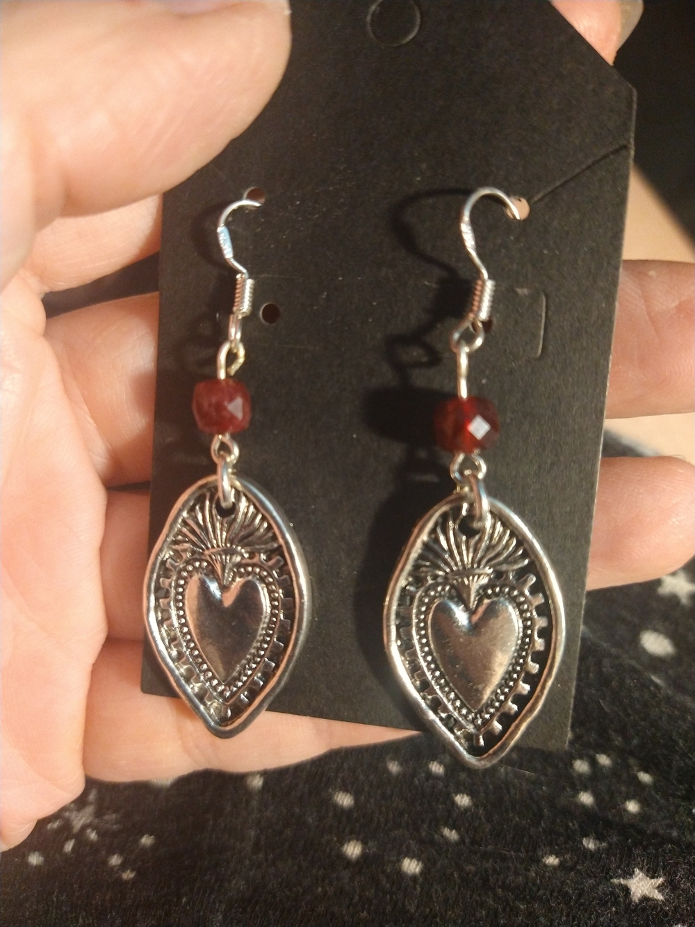 Silver  Sacred Heart  Drop Earrings with Garnet Beads - Gothic Gargoyle
